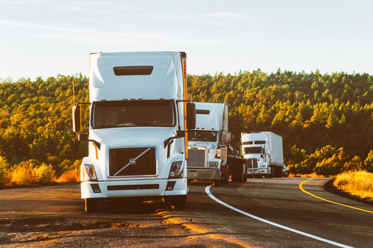 Long-haul freight trucks on logistics route